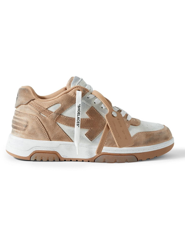 Photo: Off-White - Out of Office Distressed Leather-Trimmed Suede Sneakers - Brown