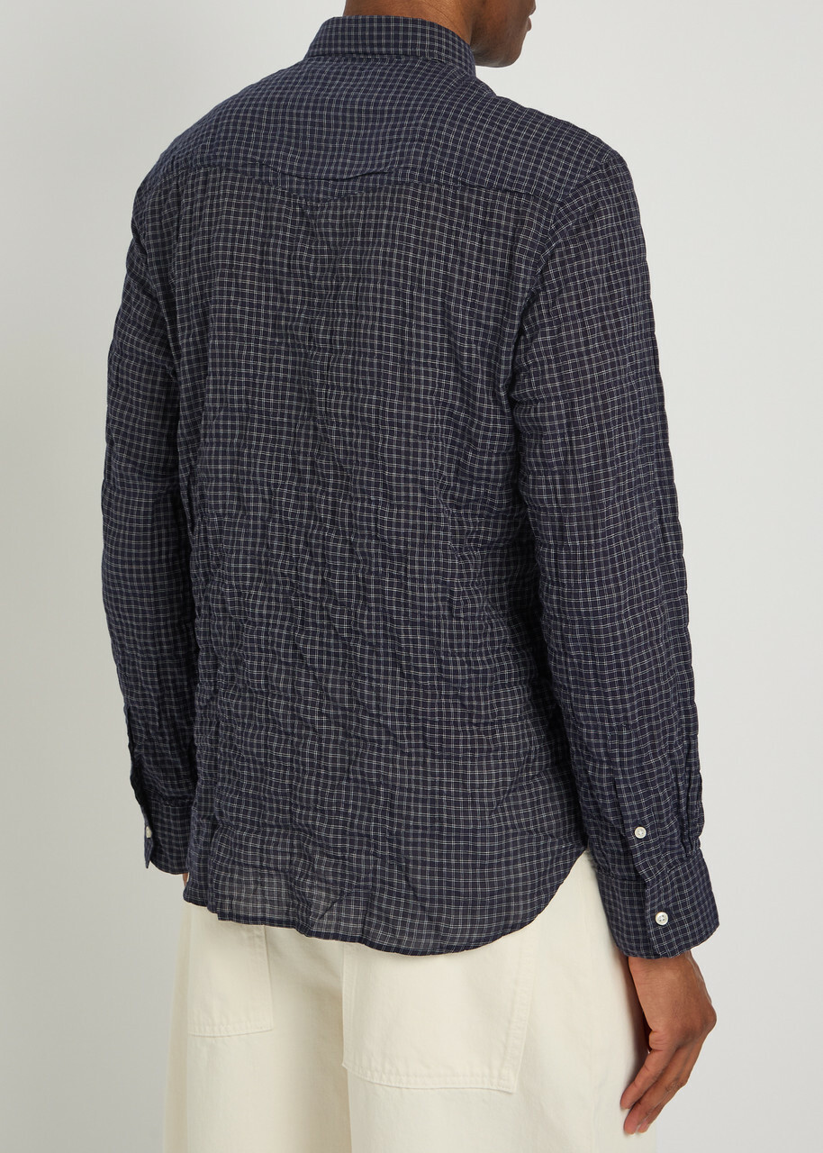 Officine Générale Beniot Checked Crinkled Cotton-blend Shirt Navy