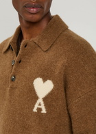 Ami Paris Logo-intarsia Alpaca-blend Polo Jumper Brown
