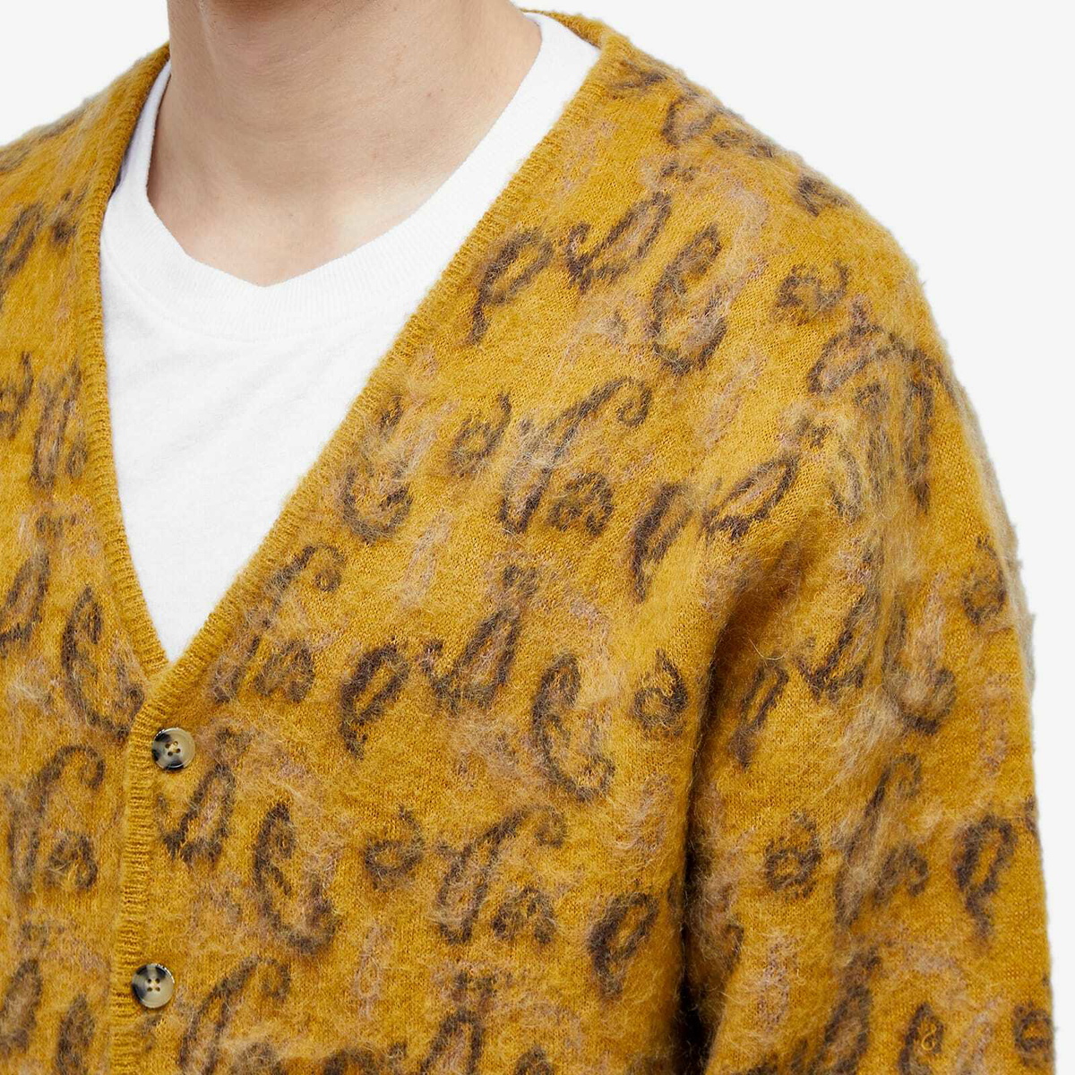 Beams Plus Men's Paisley Jacquard Mohair Cardigan in Mustard Beams