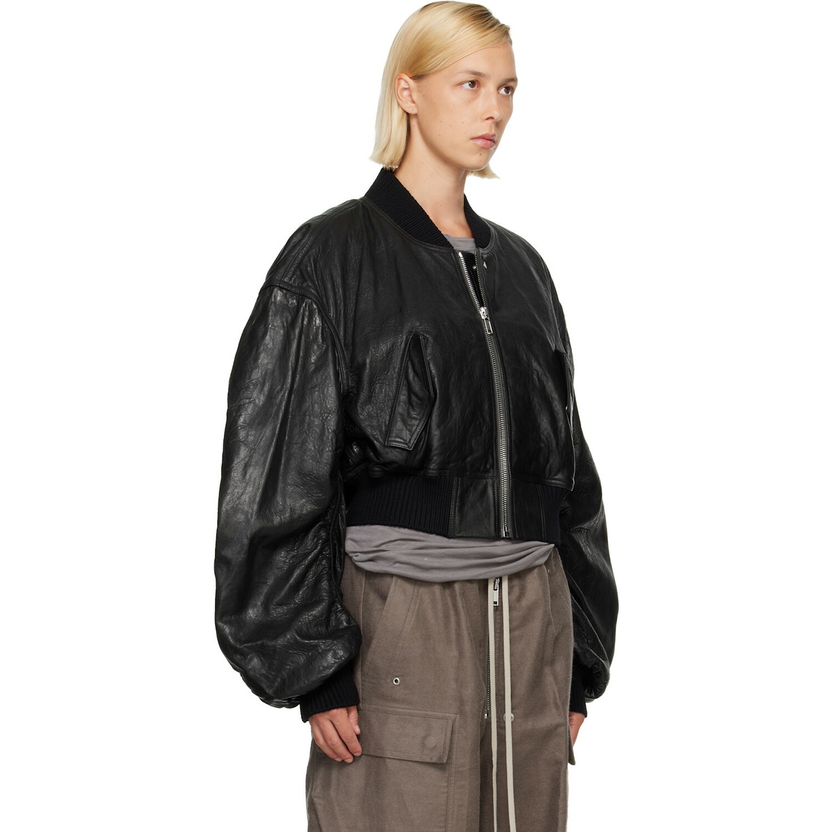 Rick Owens Black Tower Secchia Cropped Leather Flight Jacket
