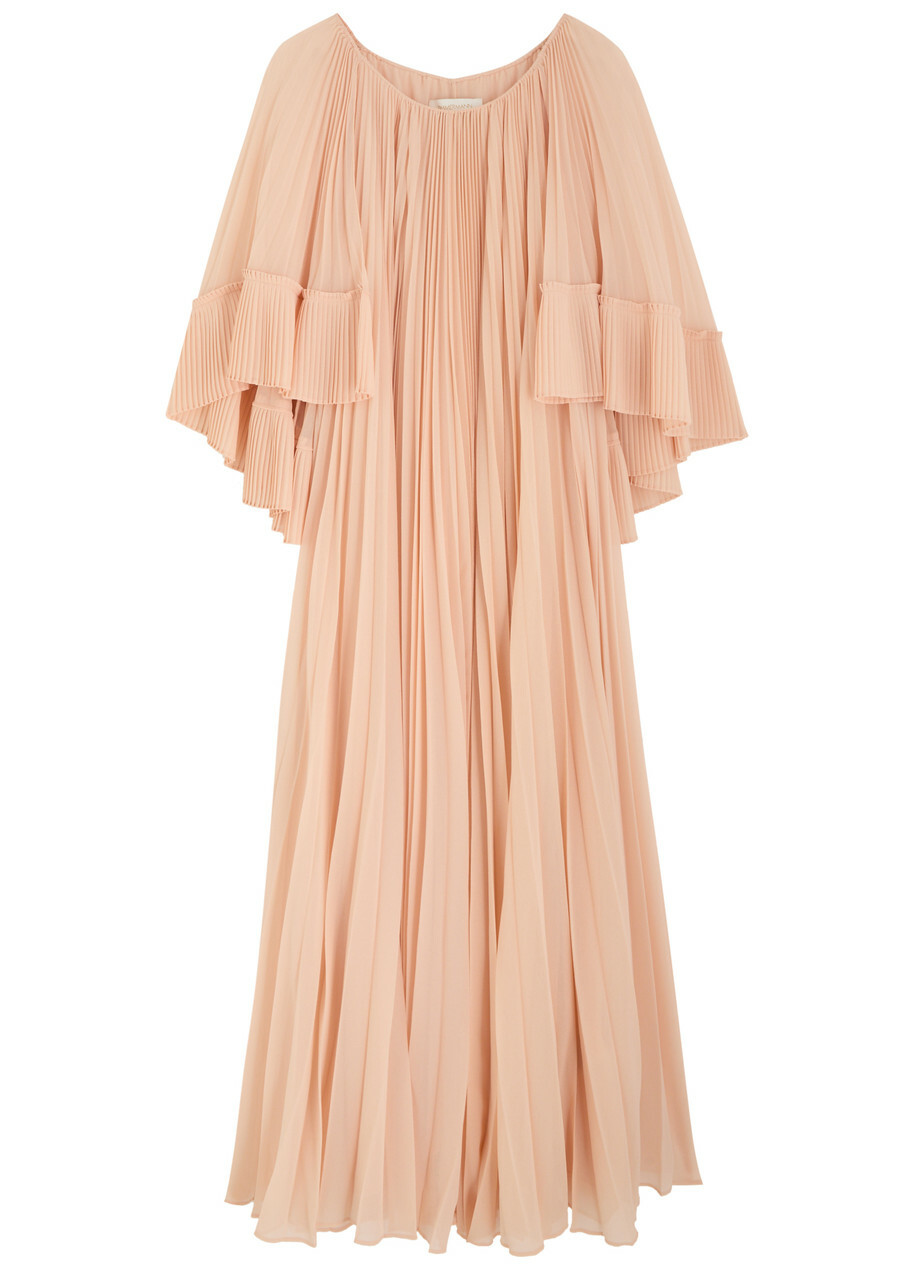 Zimmermann Pleated Cape-effect Chiffon Maxi Dress Peach