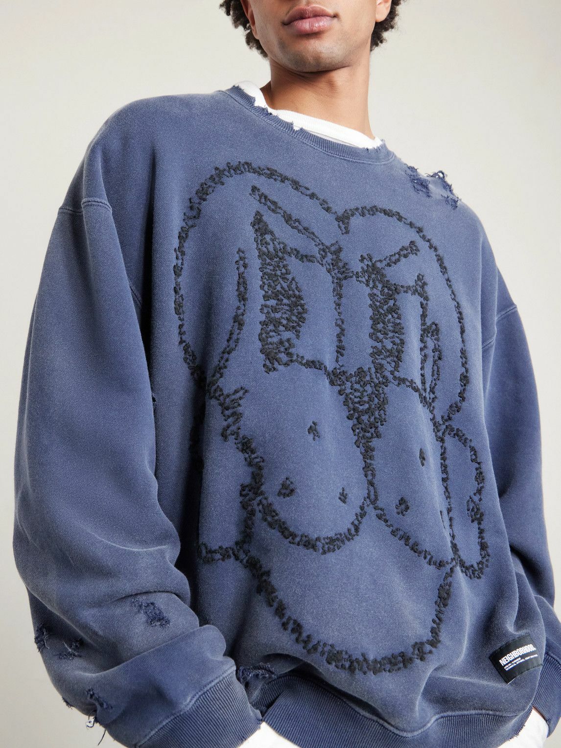 Neighborhood - Chito Savage Distressed Embroidered Cotton-Jersey Sweatshirt - Blue