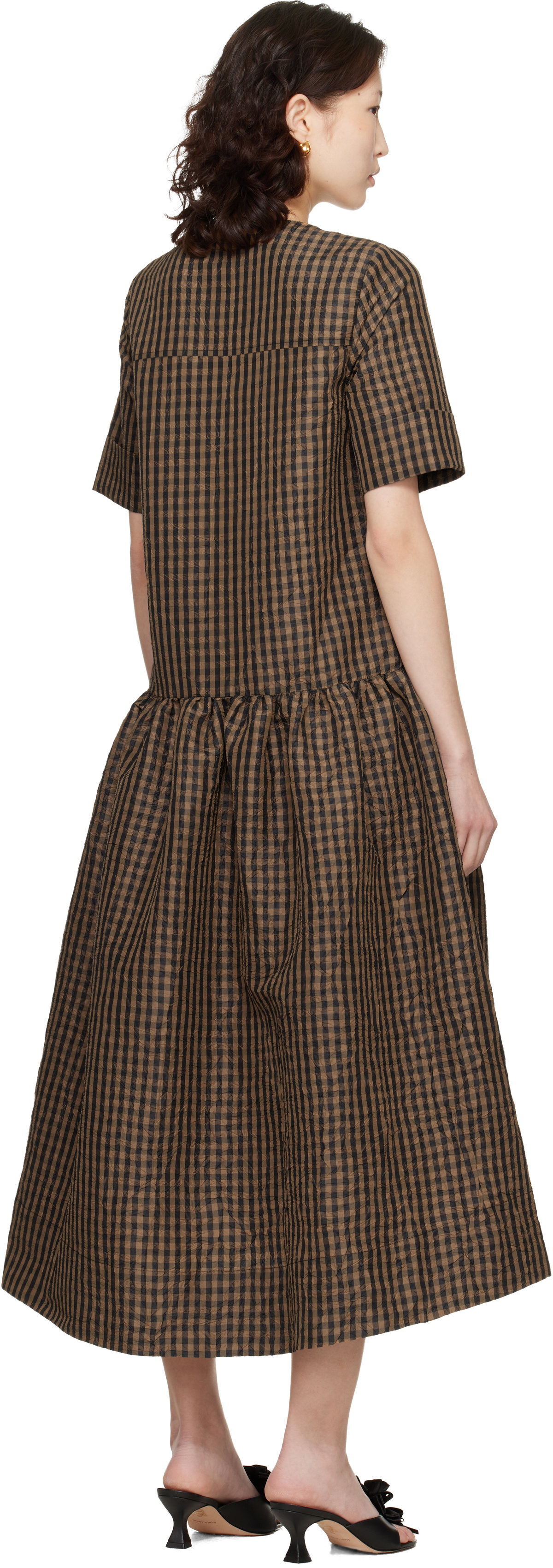 GANNI Brown Crinkled Check Maxi Dress