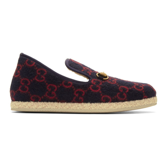 Photo: Gucci Navy and Red Wool GG Loafers