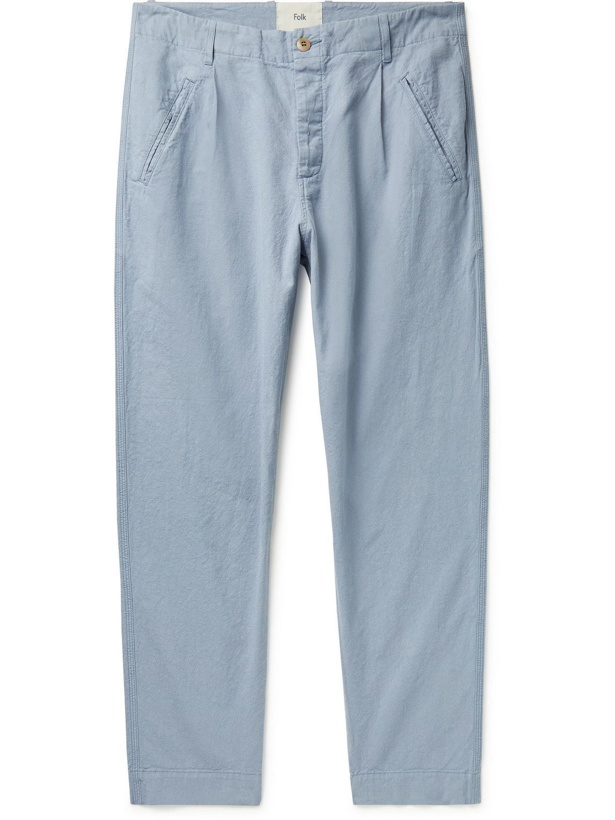 Photo: Folk - Assembly Tapered Pleated Linen and Cotton-Blend Trousers - Blue