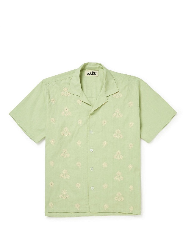 Photo: Karu Research - Camp-Collar Embellished Embroidered Embellished Cotton Shirt - Green