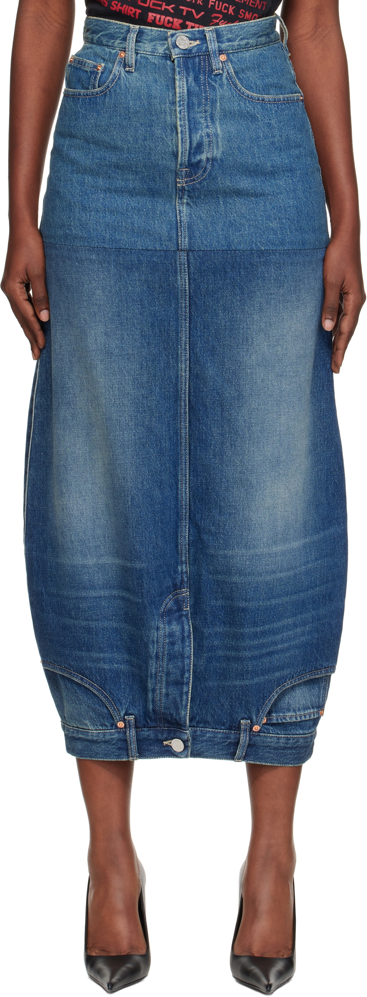 VETEMENTS Blue Double Denim Midi Skirt
