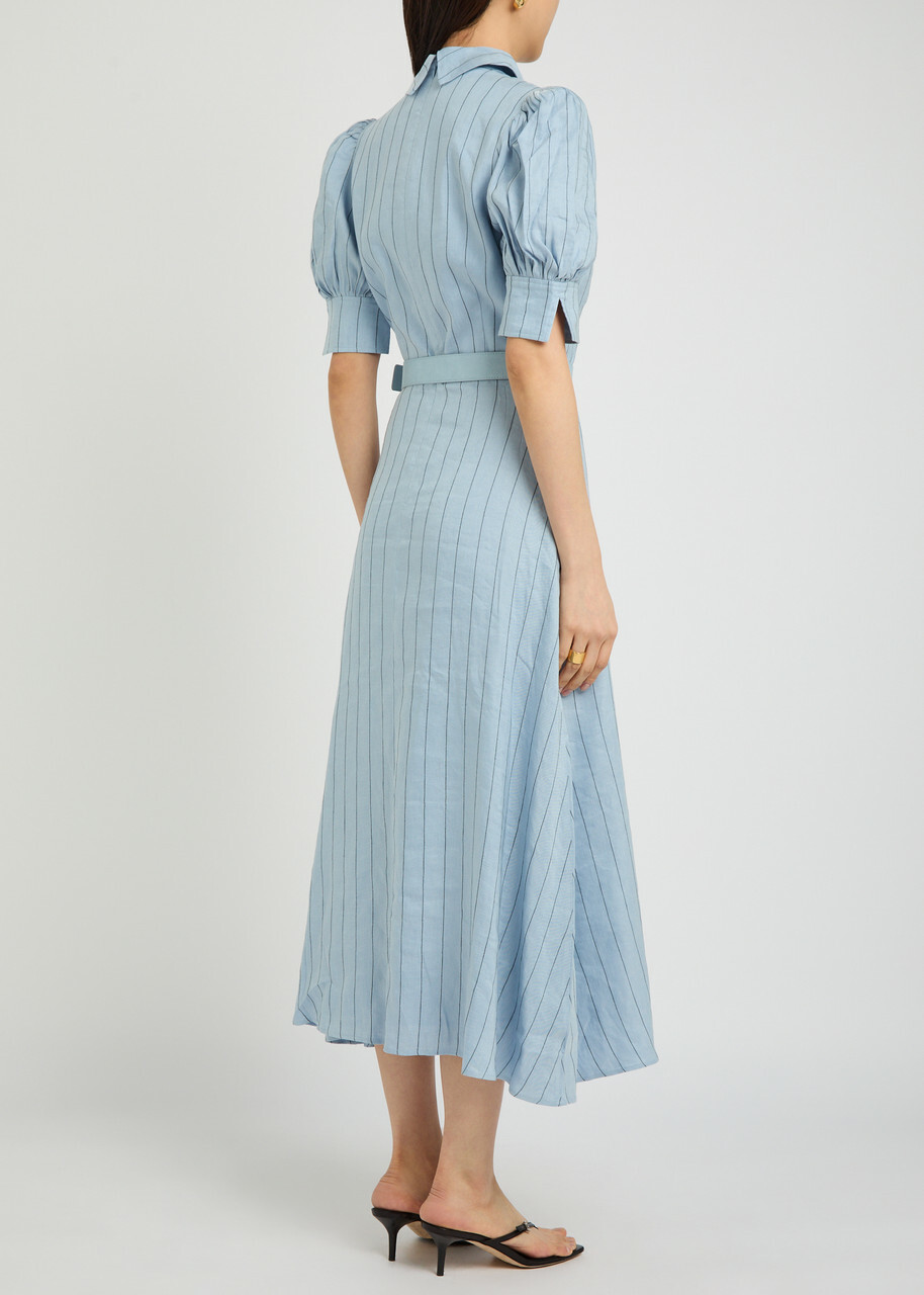 Rebecca Vallance Effie Pinstripe Belted Linen-blend Midi Dress Light Blue