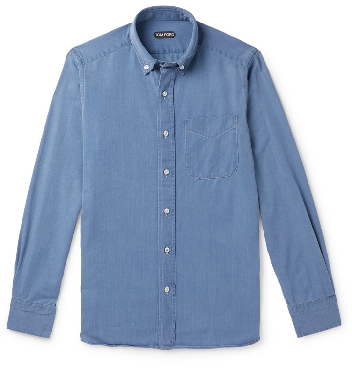 Photo: TOM FORD - Slim-Fit Button-Down Collar Cotton and Lyocell-Blend Shirt - Blue