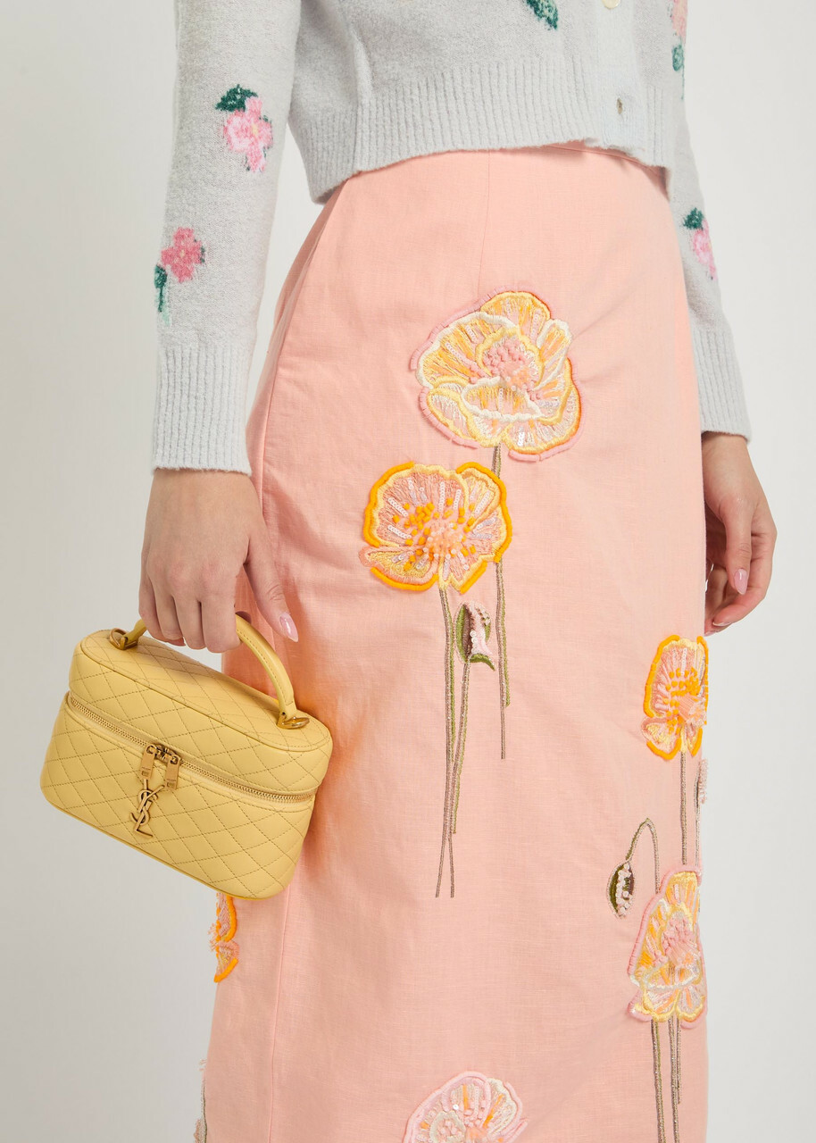 Bernadette Norma Floral-embroidered Cotton and Linen-blend Midi Skirt Pink