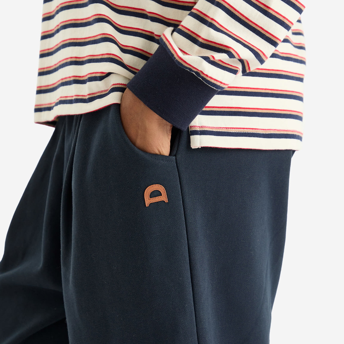 DUNST Women's Unisex Leather Logo Wide Sweat Pants in French Navy