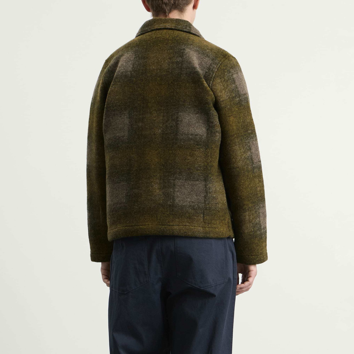 Universal Works Men's Techno Melton Check Tag Jacket in Olive