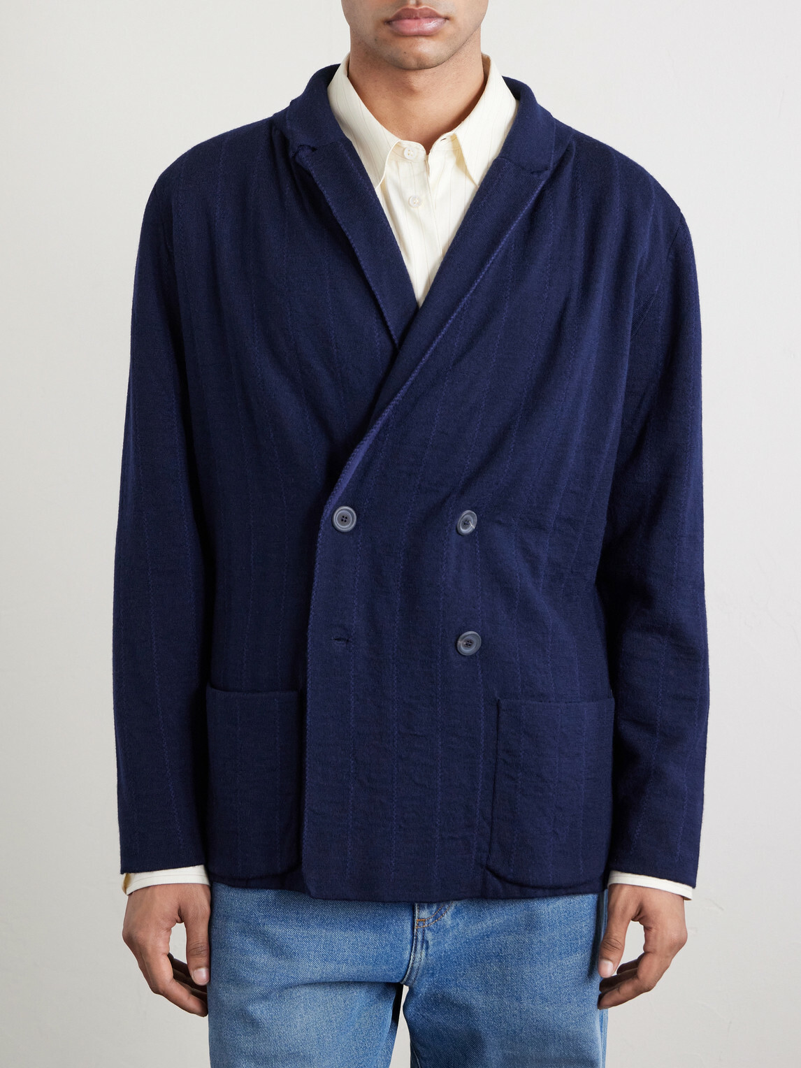 Inis Meáin - Double-Breasted Striped Wool, Cashmere and Cotton-Blend Blazer - Blue