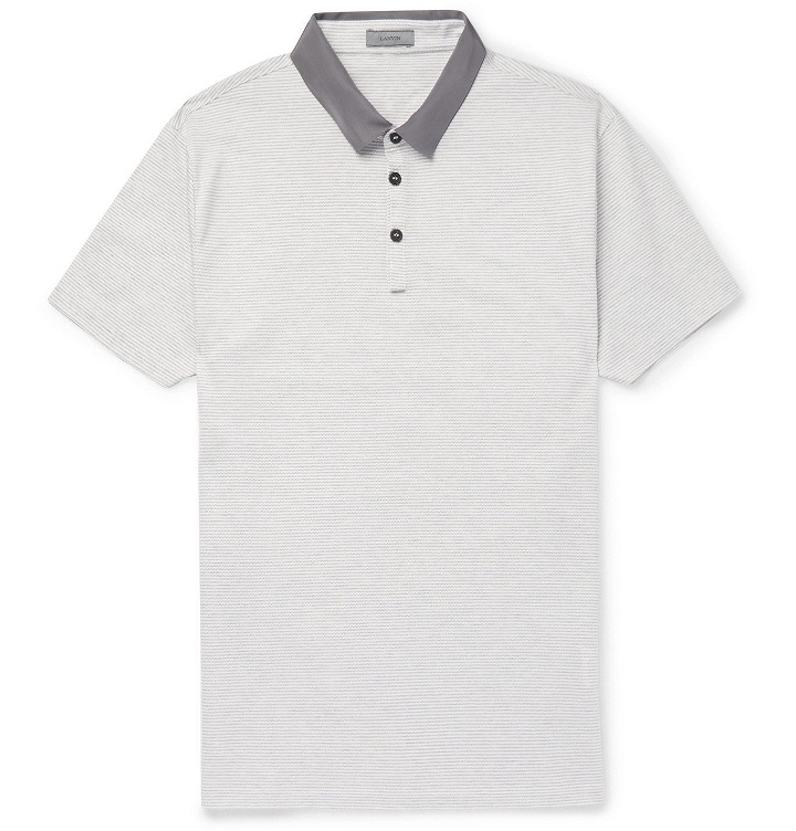 Photo: Lanvin - Slim-Fit Satin-Trimmed Striped Cotton-Piqué Polo Shirt - White