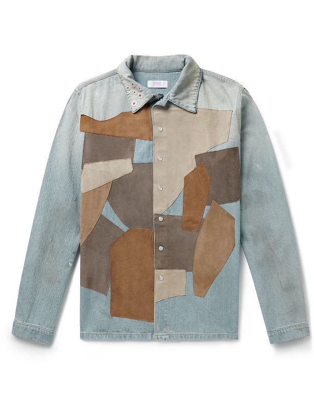 Photo: ERL - Distressed Embroidered Suede-Panelled Denim Shirt - Blue