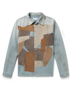 ERL - Distressed Embroidered Suede-Panelled Denim Shirt - Blue