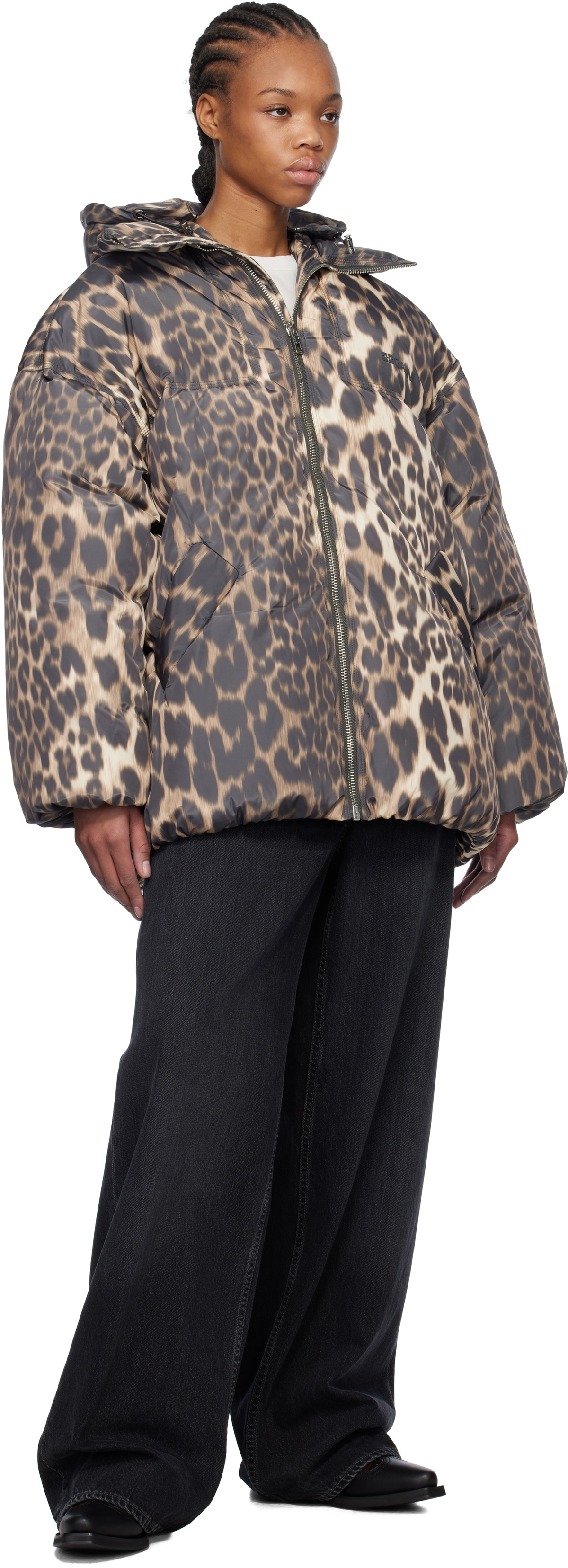 GANNI Beige & Brown Leopard Midi Down Jacket