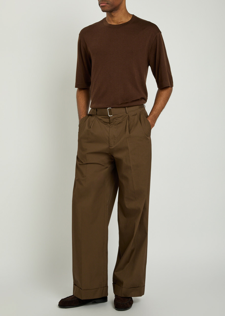 Officine Générale Evans Belted Cotton-poplin Trousers Dark Brown