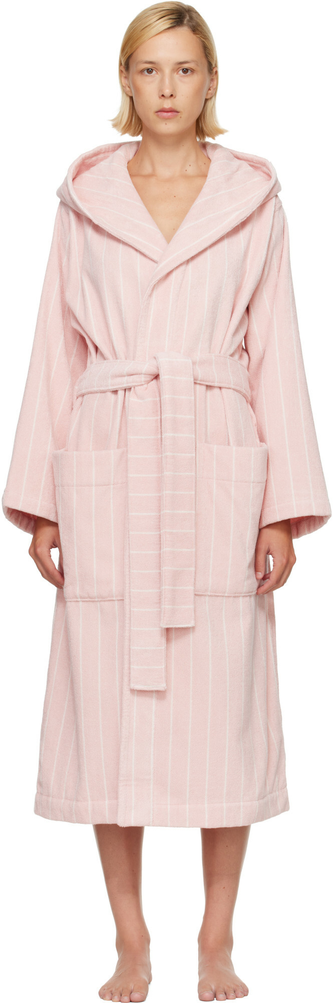 Tekla Pink & White Terry Hooded Bathrobe