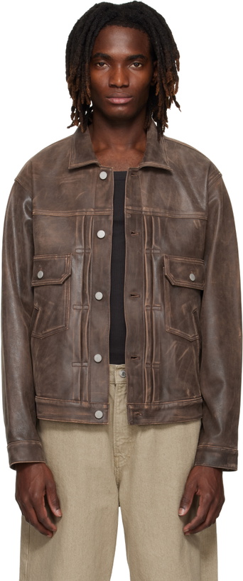 Photo: YOKE Brown Cracked Leather Trucker Jacket