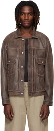 YOKE Brown Cracked Leather Trucker Jacket