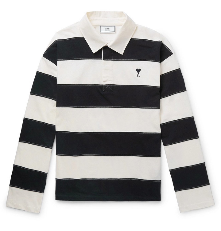 Photo: AMI - Logo-Embroidered Striped Cotton-Jersey Rugby Shirt - White