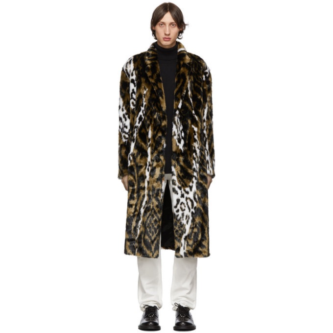 Photo: Neil Barrett Tan and White Faux-Fur Oversized Abstract Eco Coat