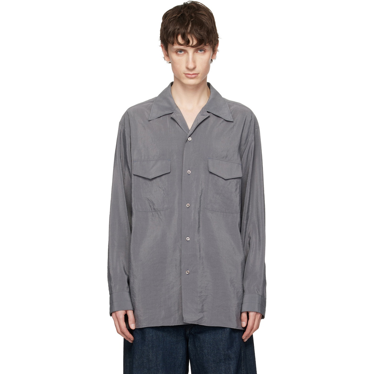LEMAIRE Gray Convertible Collar Dry Silk Shirt