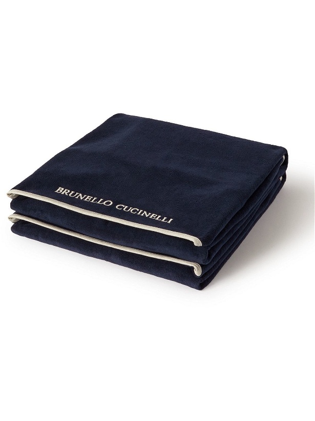 Photo: Brunello Cucinelli - Logo-Embroidered Linen-Trimmed Cotton-Terry Towel