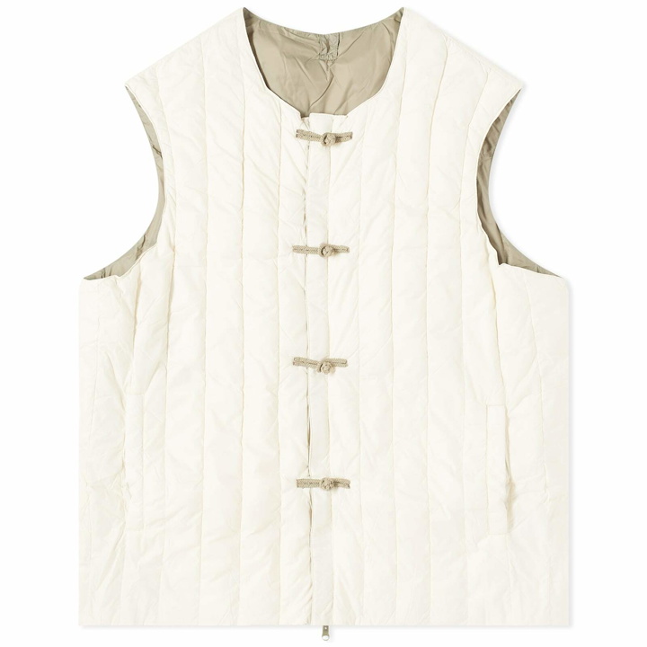 Photo: Taion Men's x Beams Lights Reversible Down Vest in Off White/Sage