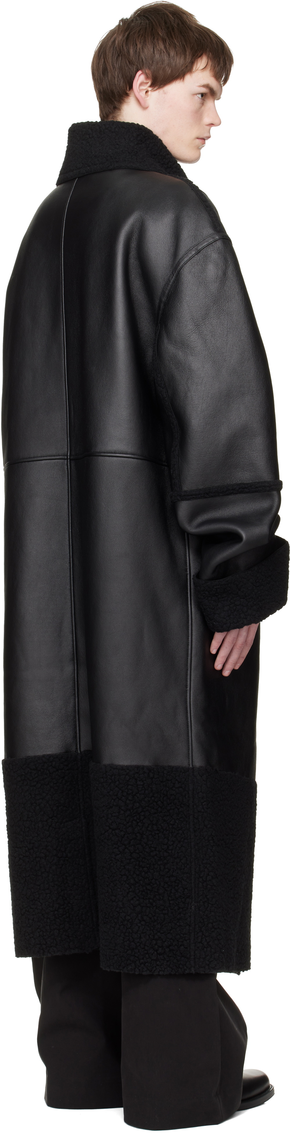 Entire Studios Black Long Leather & Faux-Shearling Coat