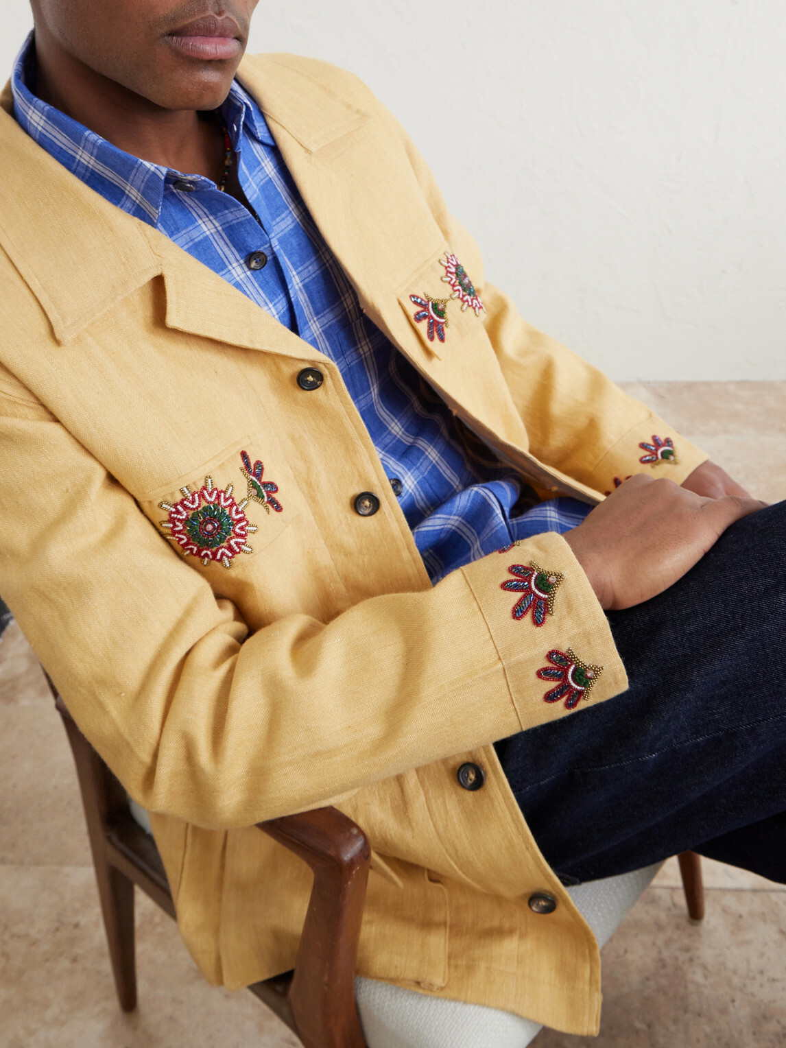 Kartik Research - Jaisalmer Embroidered Linen Jacket - Yellow
