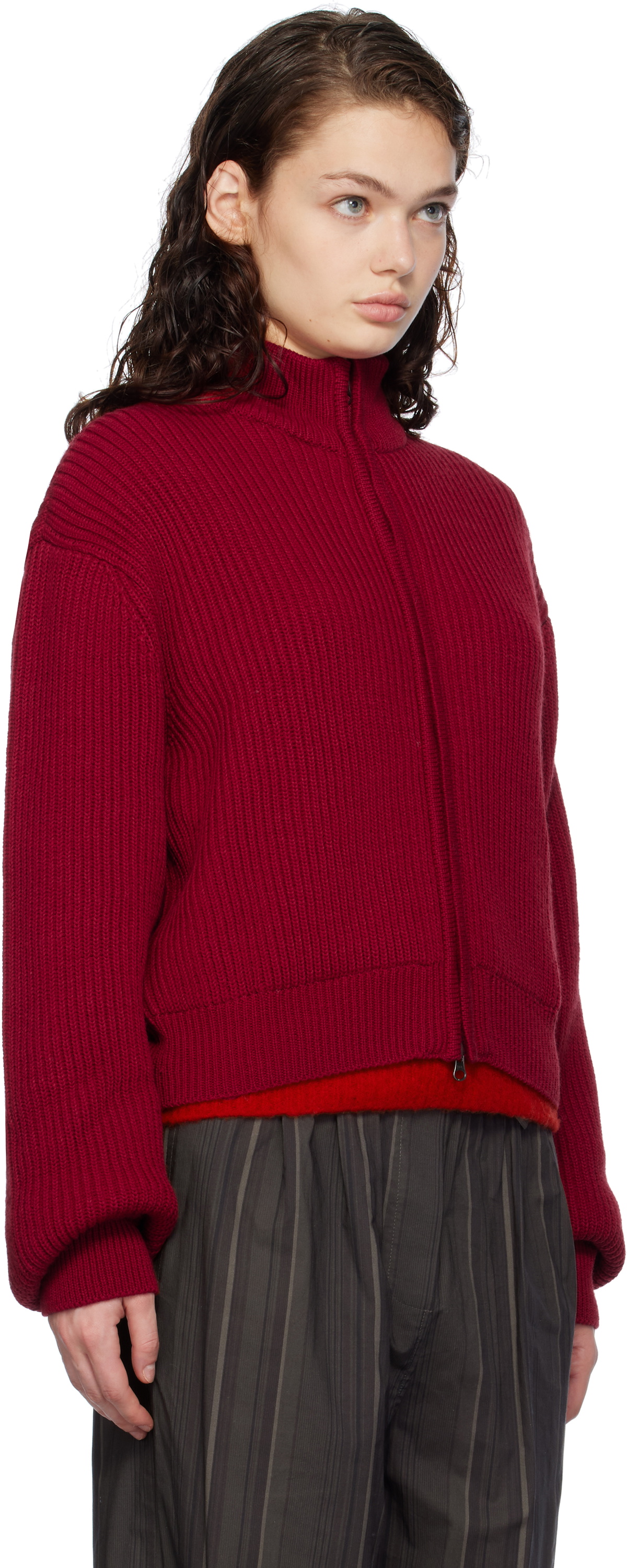 AMOMENTO Red Full Needle Crop Sweater