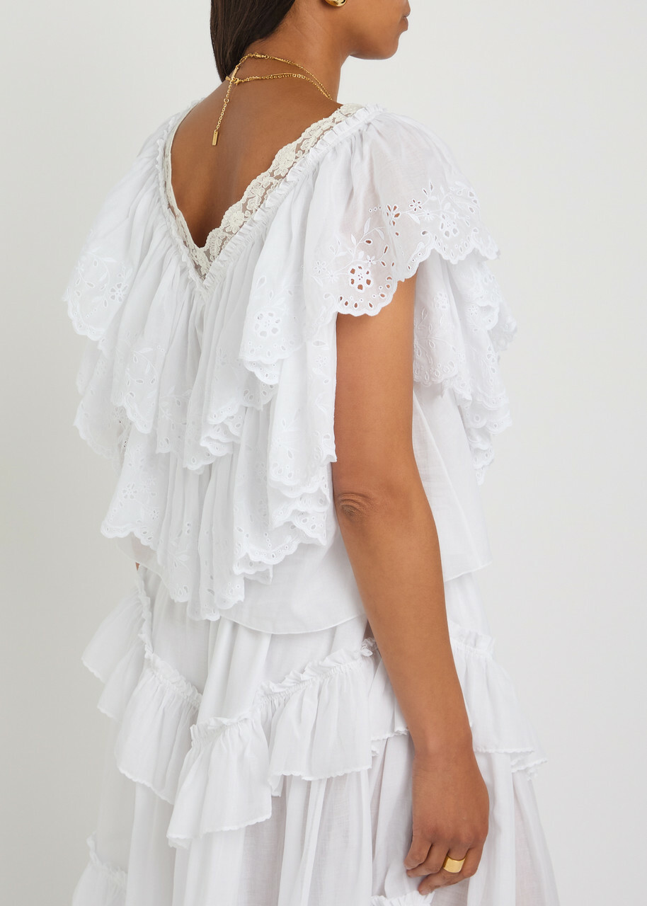 Chloe Embroidered Ruffled Cropped Cotton top White