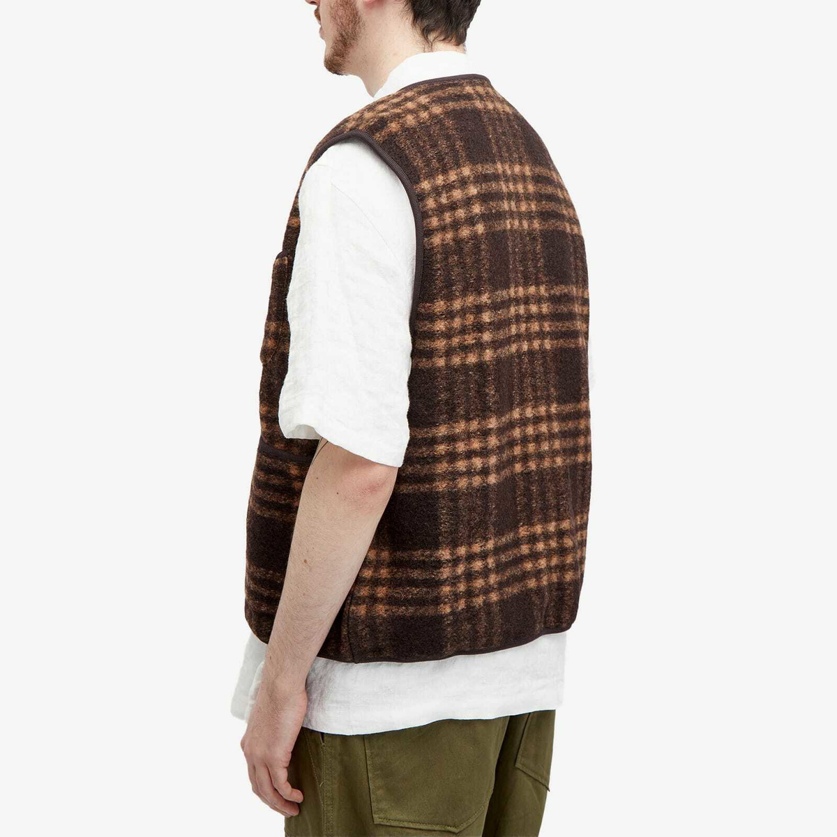 Universal Works Men's Duke Fleece Zip Gilet in Brown Check