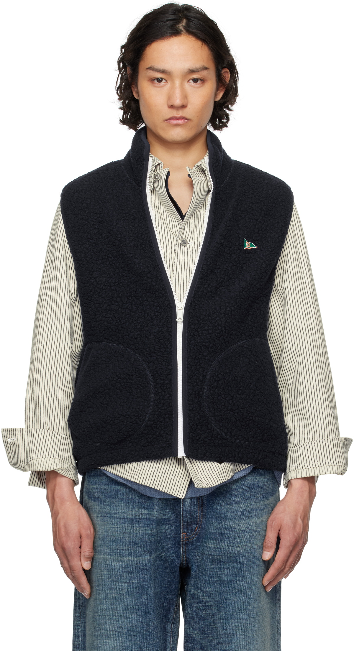 Drake's Navy Boucle Wool Zip Fleece Vest
