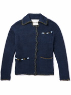 Story Mfg. - Grandad Slim-Fit Embroidered Ribbed Organic Cotton Cardigan - Blue