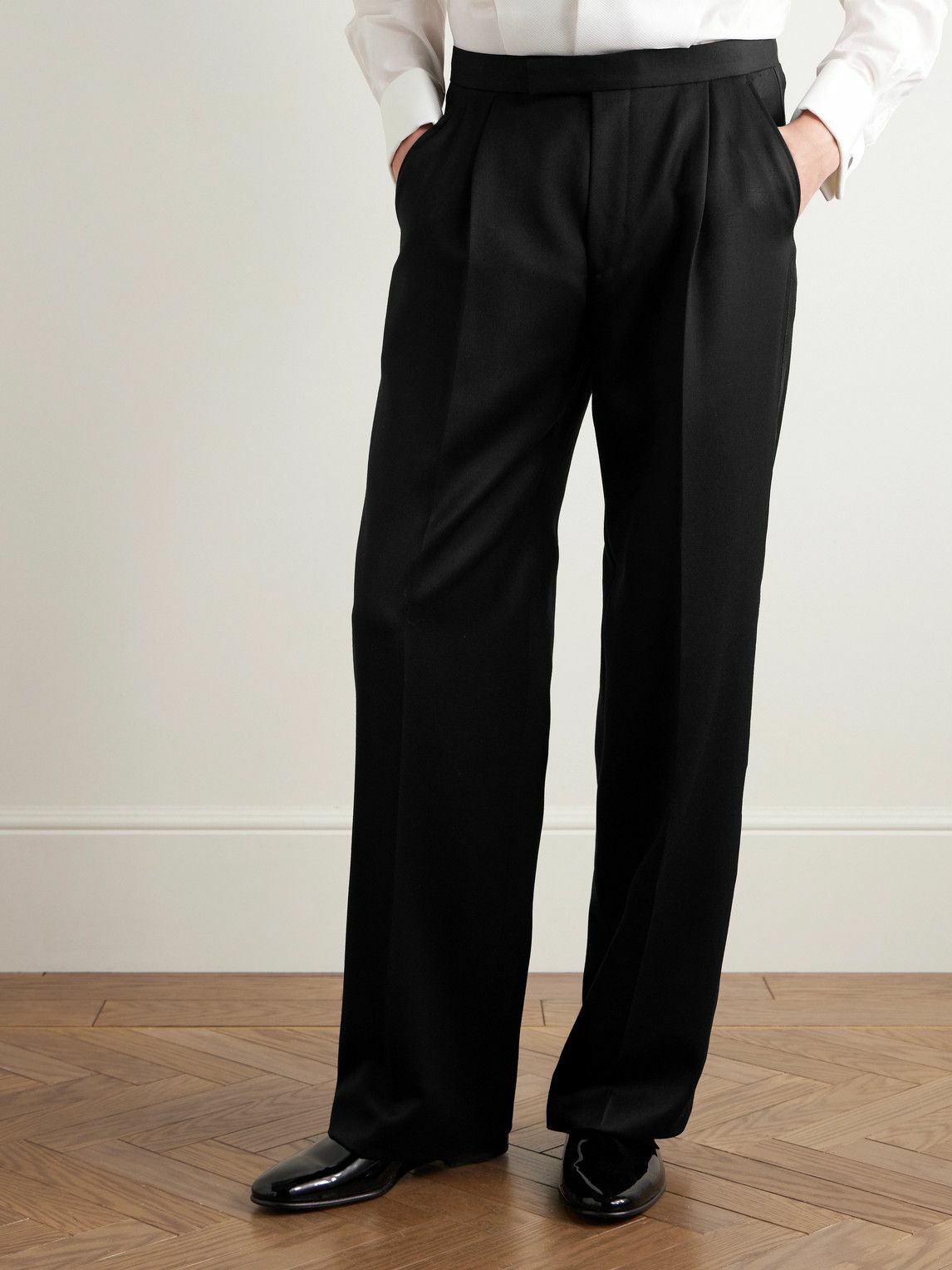 Favourbrook - Tommy Straight-Leg Grosgrain-Trimmed Pleated Wool Tuxedo Trousers - Black