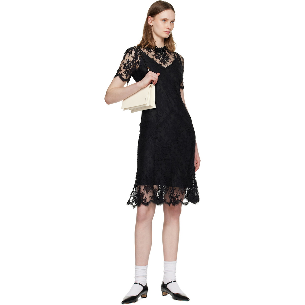 SHUSHU/TONG Black Beaded Lace Short-Sleeve Midi Dress