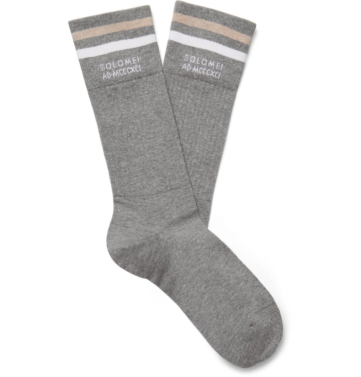 Photo: Brunello Cucinelli - Logo-Intarsia Striped Ribbed Mélange Cotton Socks - Gray