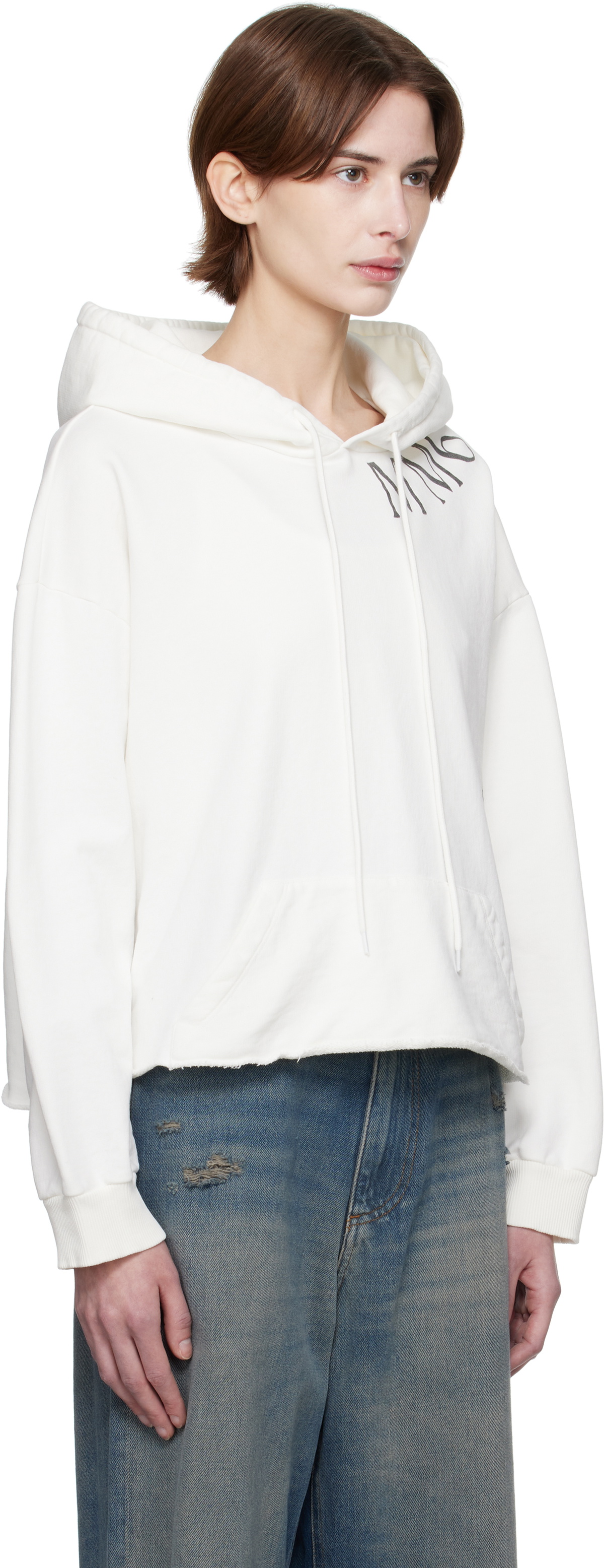 MM6 Maison Margiela White Raw Hem Hand Painted Logo Hoodie