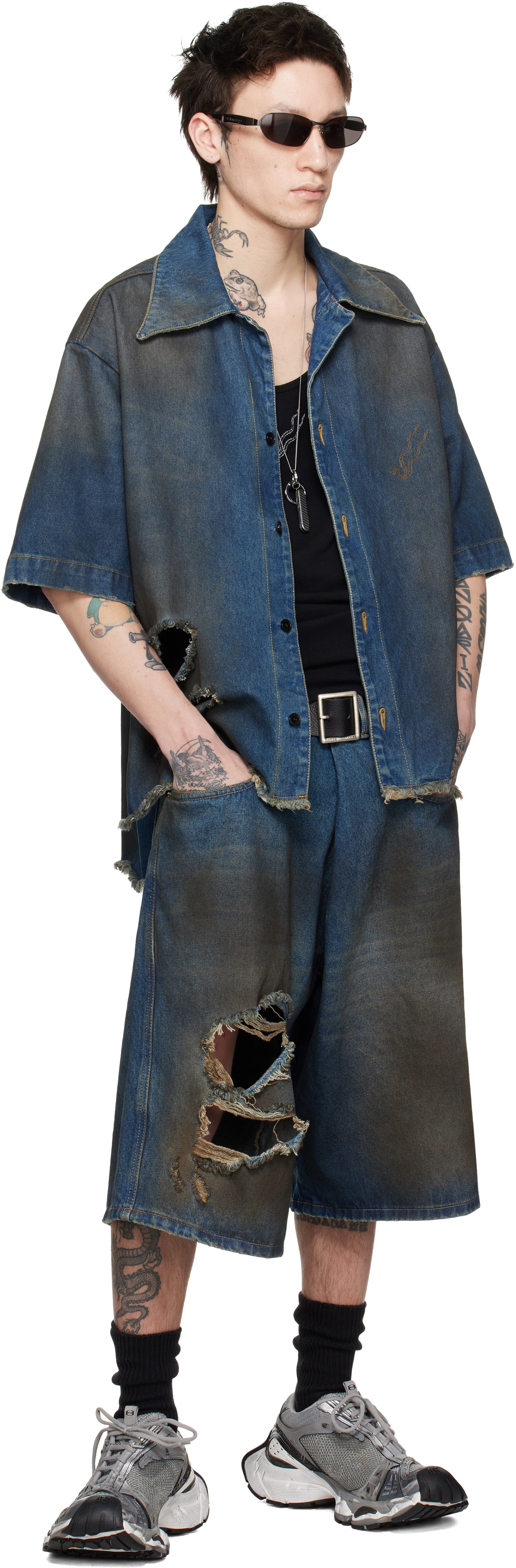 【関税込み】LU'U DAN ブルー Kriss Kross デニムショートパンツ LU'U DAN Blue Kriss Kross Denim Shorts LU'U DAN