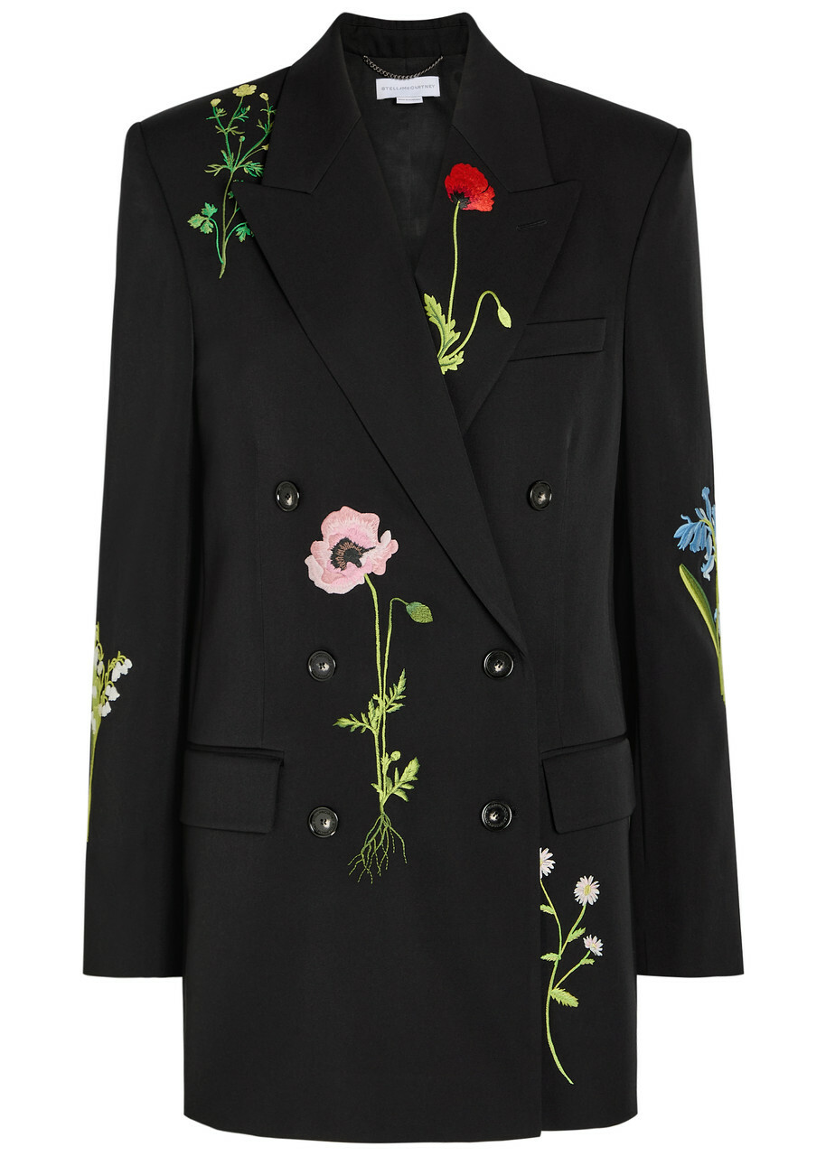 Stella Mccartney Boyfriend Floral-embroidered Wool Blazer Black