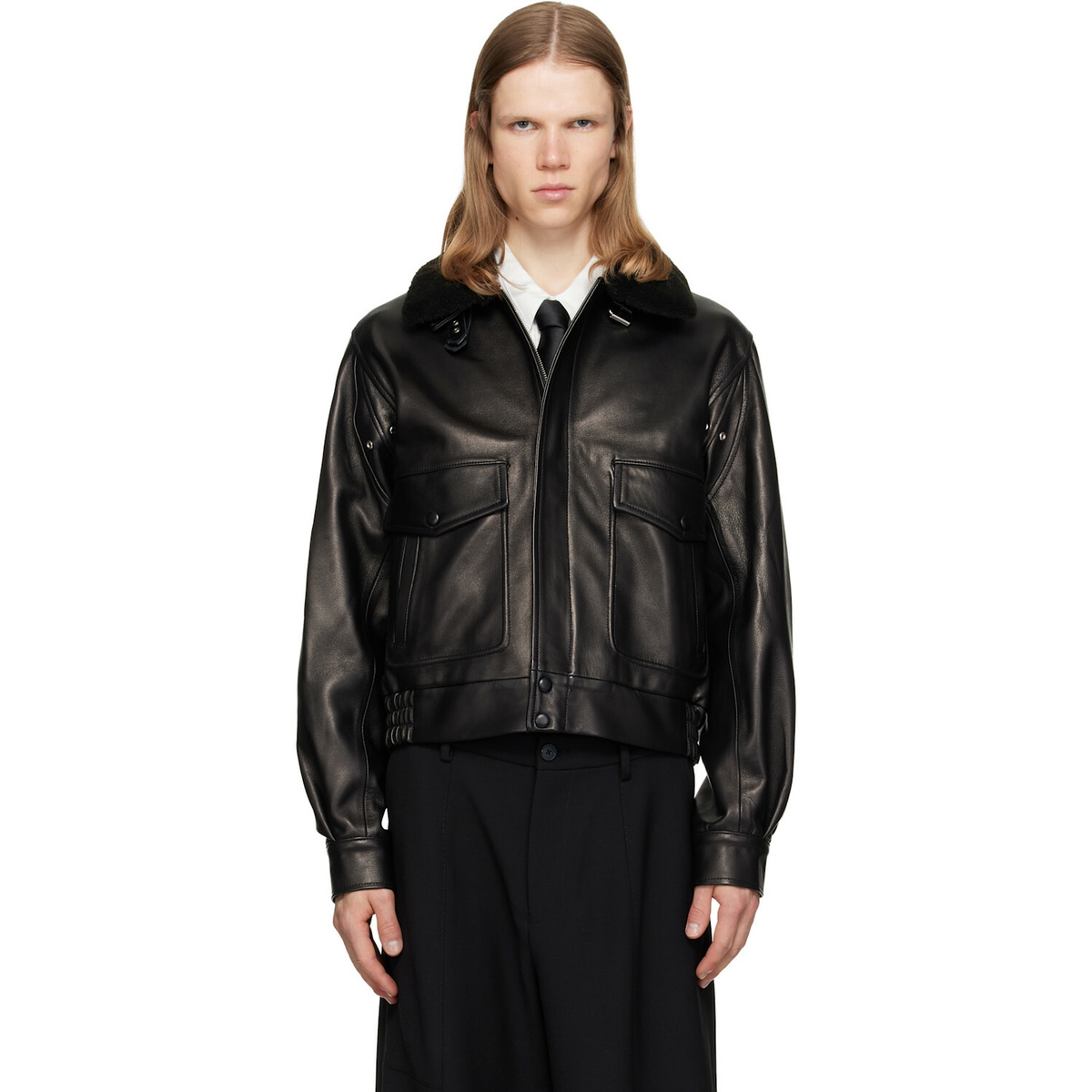 Ernest W. Baker Black Aviator Leather Bomber Jacket