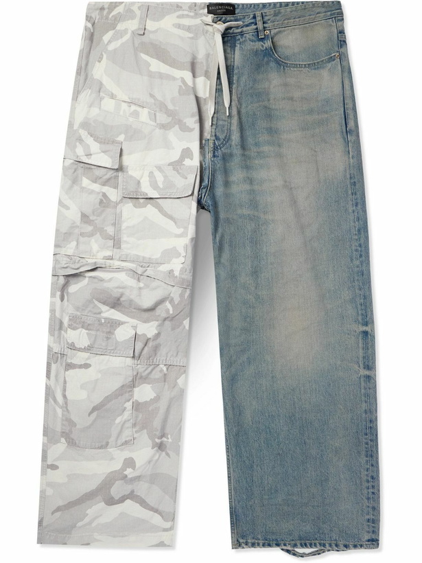 Photo: Balenciaga - Hybrid Wide-Leg Ripstop and Distressed Denim Drawstring Trousers - Blue