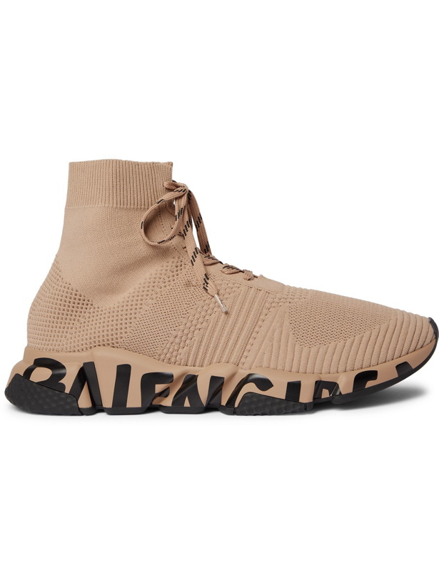 Photo: BALENCIAGA - Speed Logo-Print Stretch-Knit Sneakers - Brown