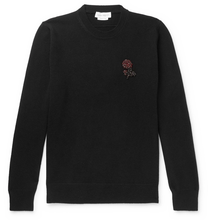 Photo: Alexander McQueen - Slim-Fit Suede Elbow-Patch Embellished Wool and Cashmere-Blend Sweater - Black