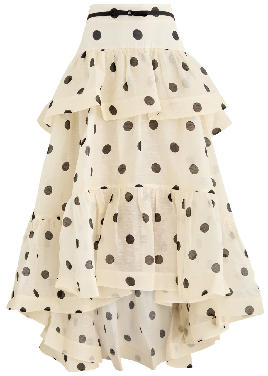 Zimmermann Crush Belted Polka dot Linen-blend Midi Skirt