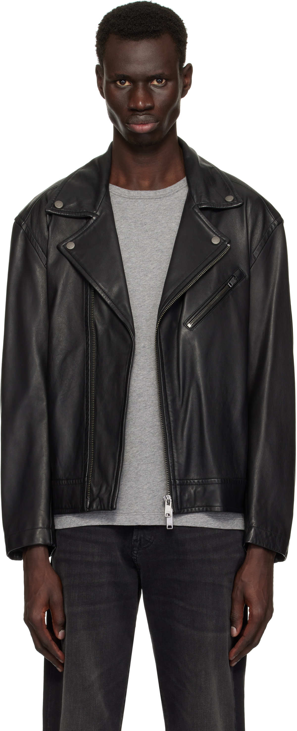 BOSS Black Zip Pocket Leather Biker Jacket